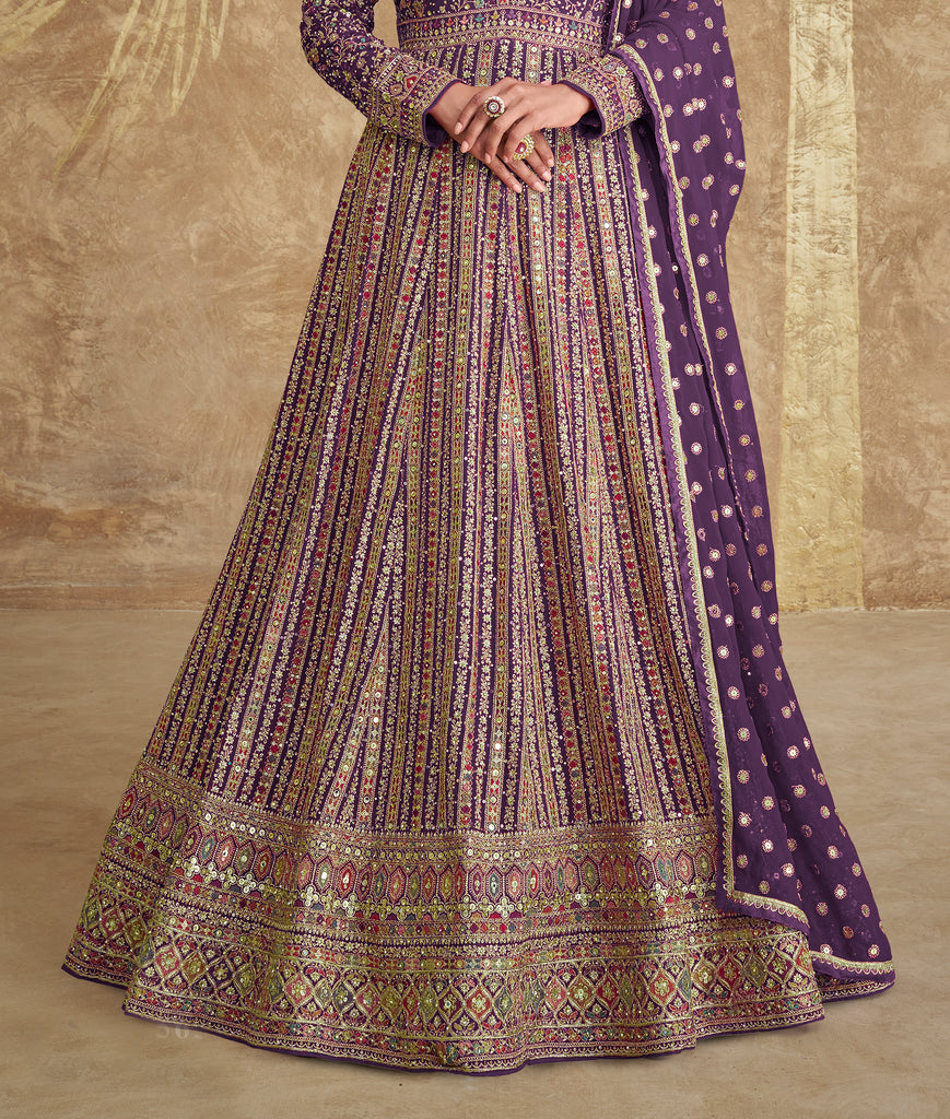 Purple Designer Heavy Embroidered Georgette Wedding Anarkali Gown-Saira's Boutique