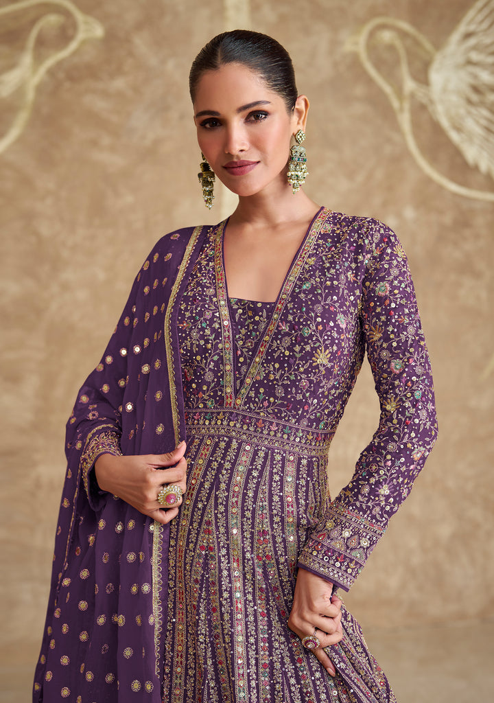 Purple Designer Heavy Embroidered Georgette Wedding Anarkali Gown-Saira's Boutique