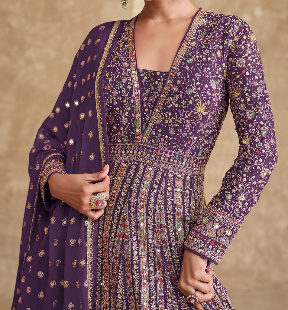 Purple Designer Heavy Embroidered Georgette Wedding Anarkali Gown-Saira's Boutique