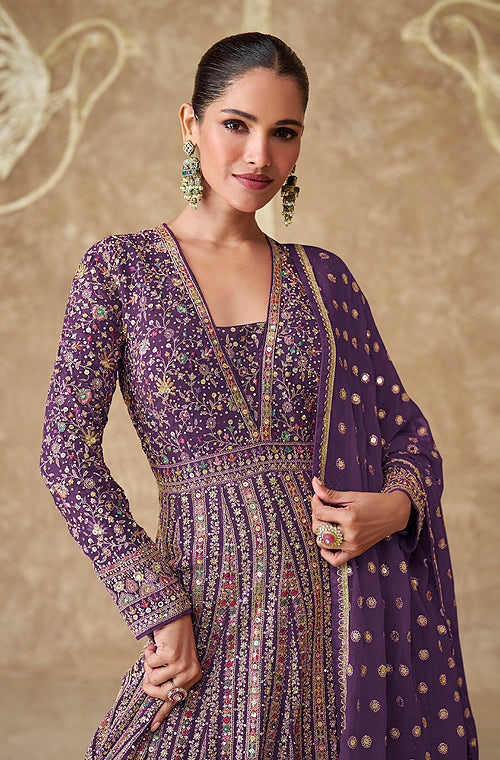 Purple Designer Heavy Embroidered Georgette Wedding Anarkali Gown-Saira's Boutique