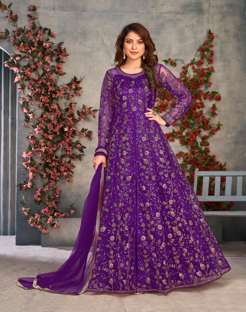 Purple Designer Heavy Embroidered Net Party Wear Anarkali Gown-Saira's Boutique