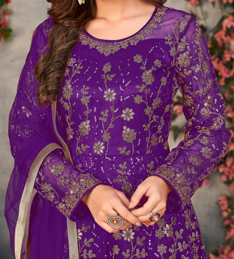 Purple Designer Heavy Embroidered Net Party Wear Anarkali Gown-Saira's Boutique