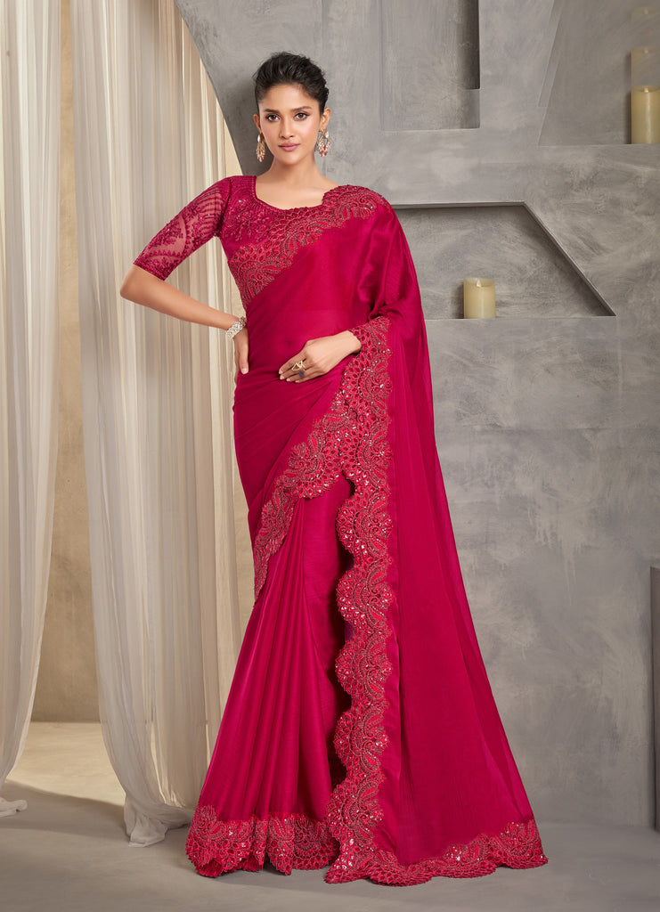 Raspberry Red Designer Embroidered Satin Chiffon Party Wear Saree-Saira's Boutique