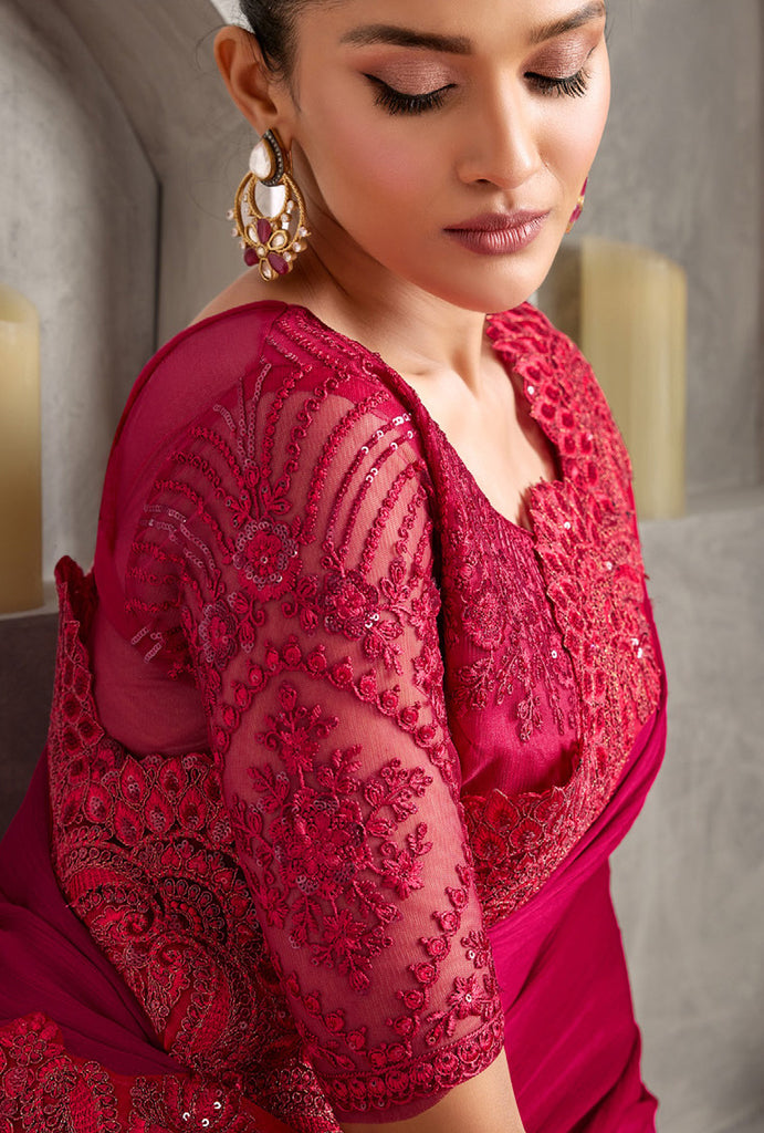 Raspberry Red Designer Embroidered Satin Chiffon Party Wear Saree-Saira's Boutique