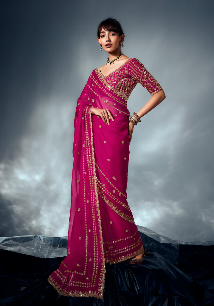 Royal Magenta Designer Embroidered Tissue Organza Wedding Party Wear Saree-Saira's Boutique