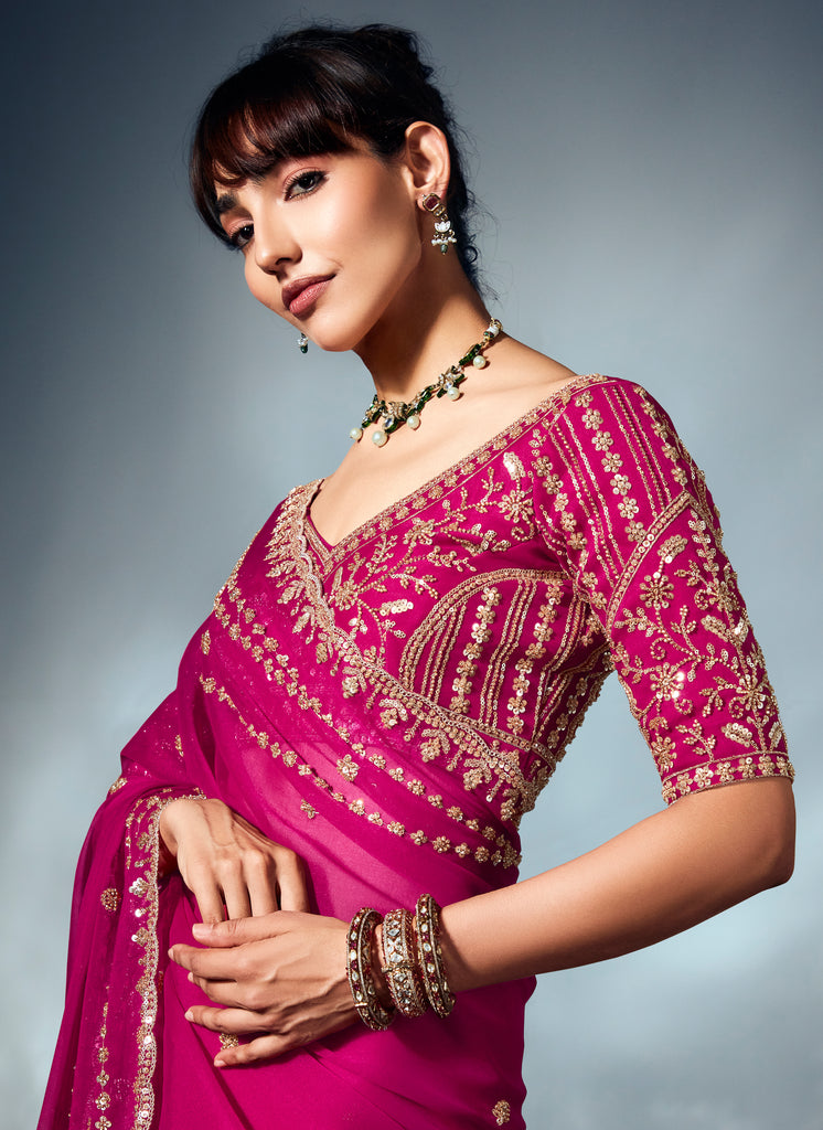 Royal Magenta Designer Embroidered Tissue Organza Wedding Party Wear Saree-Saira's Boutique