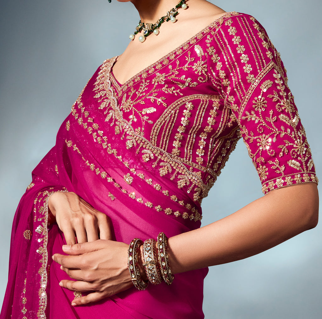 Royal Magenta Designer Embroidered Tissue Organza Wedding Party Wear Saree-Saira's Boutique