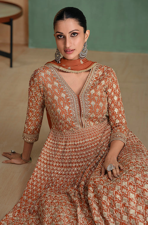 Rust Brown Designer Embroidered Pure Georgette Anarkali Gown-Saira's Boutique
