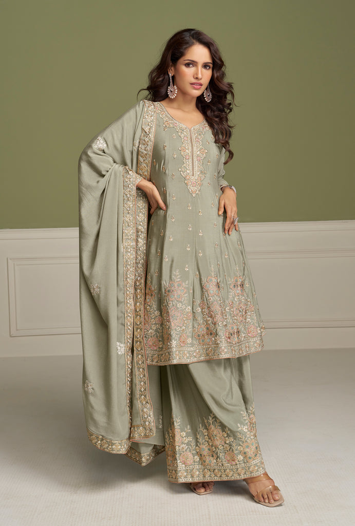 Sage Green Designer Embroidered Party Wear Kurti Style Palazzo Suit-Saira's Boutique