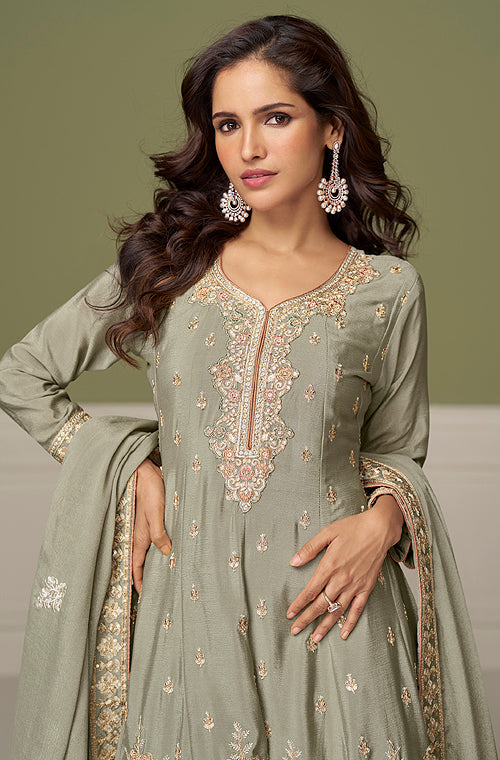 Sage Green Designer Embroidered Party Wear Kurti Style Palazzo Suit-Saira's Boutique