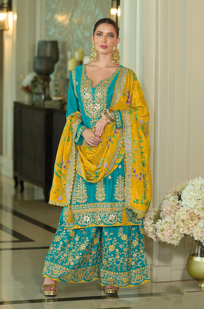 Teal & Mustard Designer Embroidered Chinon Silk Wedding Sharara Suit-Saira's Boutique