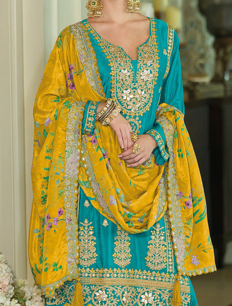 Teal & Mustard Designer Embroidered Chinon Silk Wedding Sharara Suit-Saira's Boutique