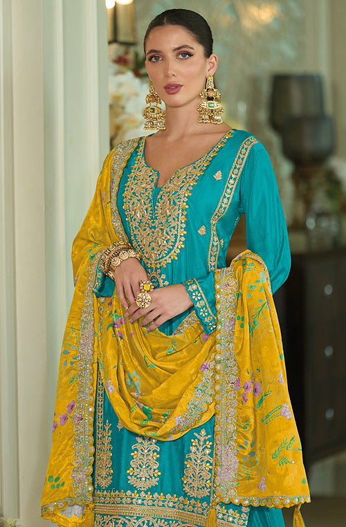 Teal & Mustard Designer Embroidered Chinon Silk Wedding Sharara Suit-Saira's Boutique