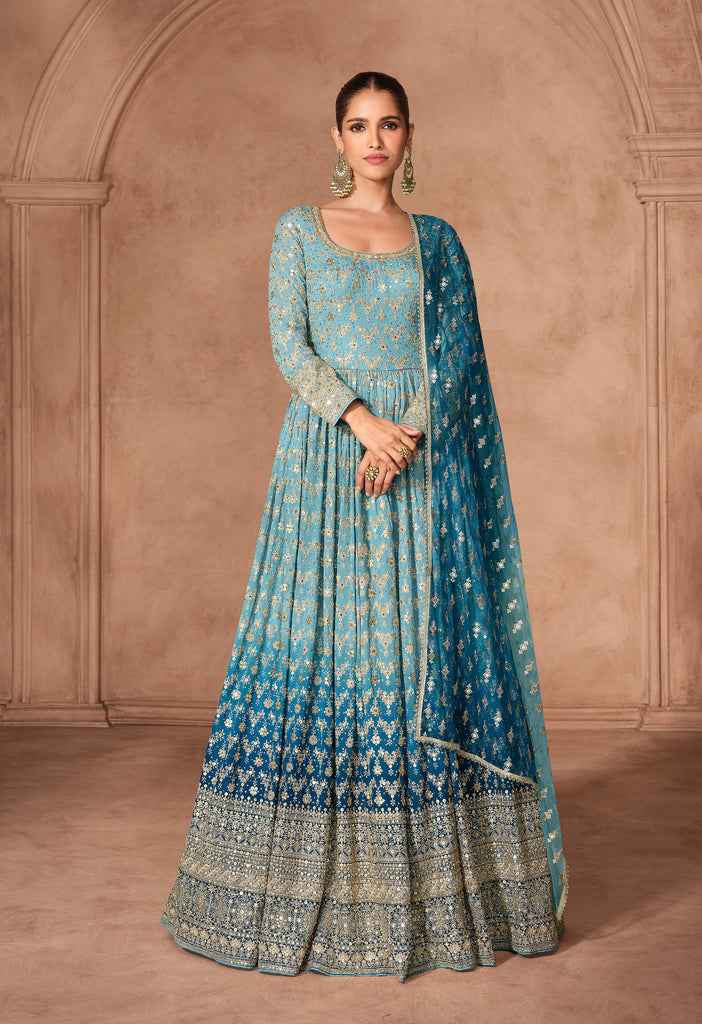 Shaded Blue Designer Heavy Embroidered Pure Georgette Wedding Anarkali Gown-Saira's Boutique