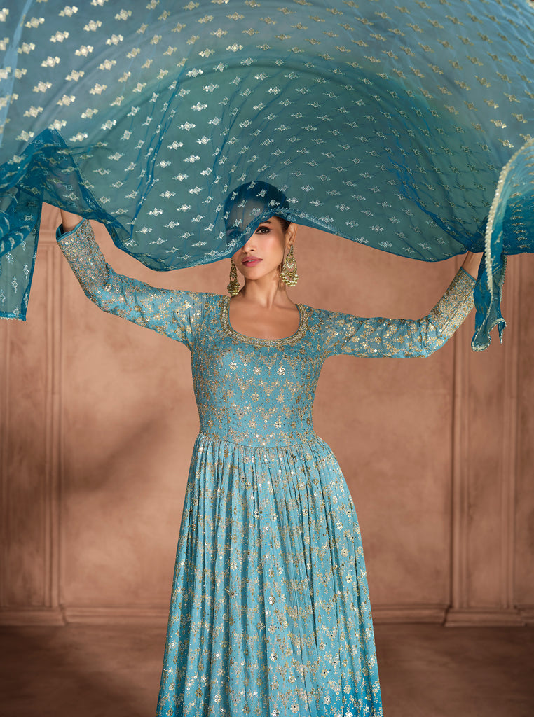 Shaded Blue Designer Heavy Embroidered Pure Georgette Wedding Anarkali Gown-Saira's Boutique