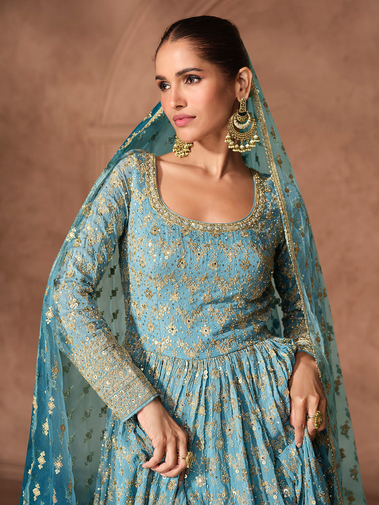 Shaded Blue Designer Heavy Embroidered Pure Georgette Wedding Anarkali Gown-Saira's Boutique