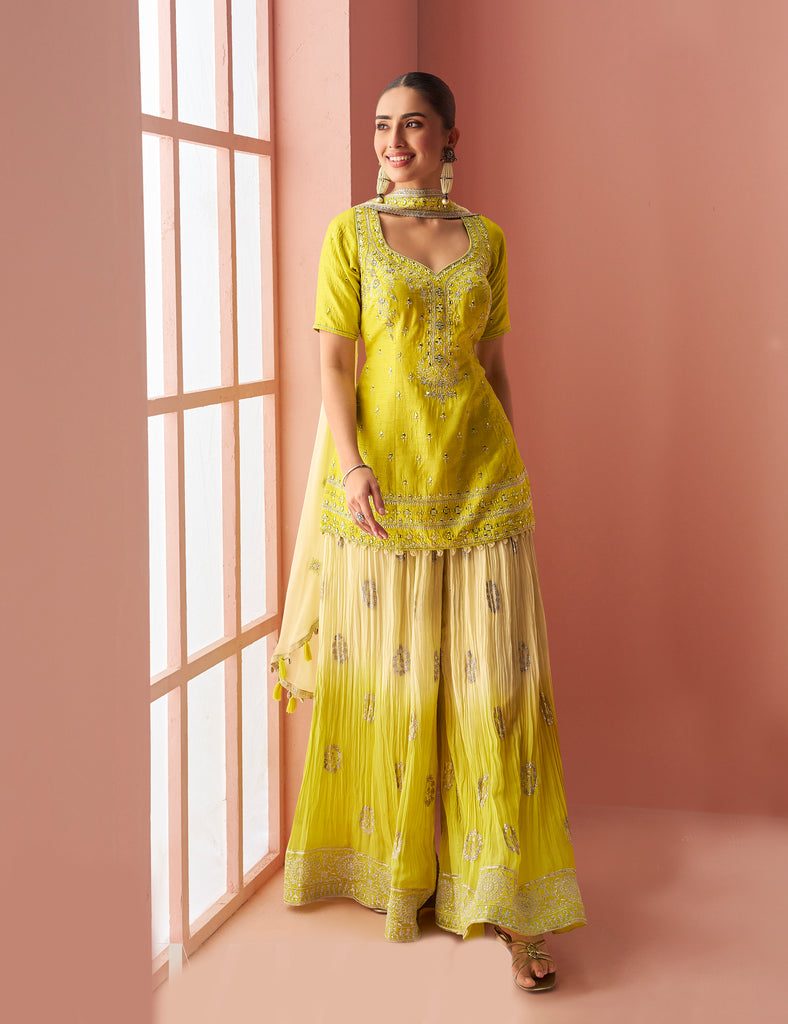 Shaded Citrus Yellow Designer Embroidered Chinon Silk Sharara Suit-Saira's Boutique