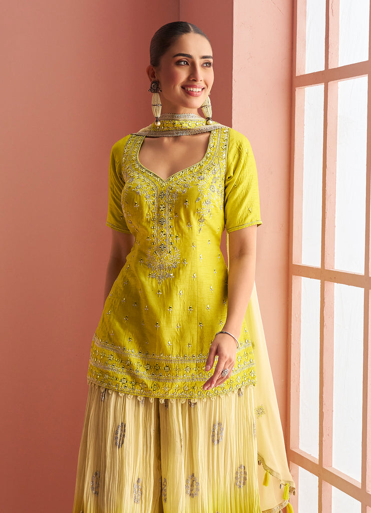 Shaded Citrus Yellow Designer Embroidered Chinon Silk Sharara Suit-Saira's Boutique
