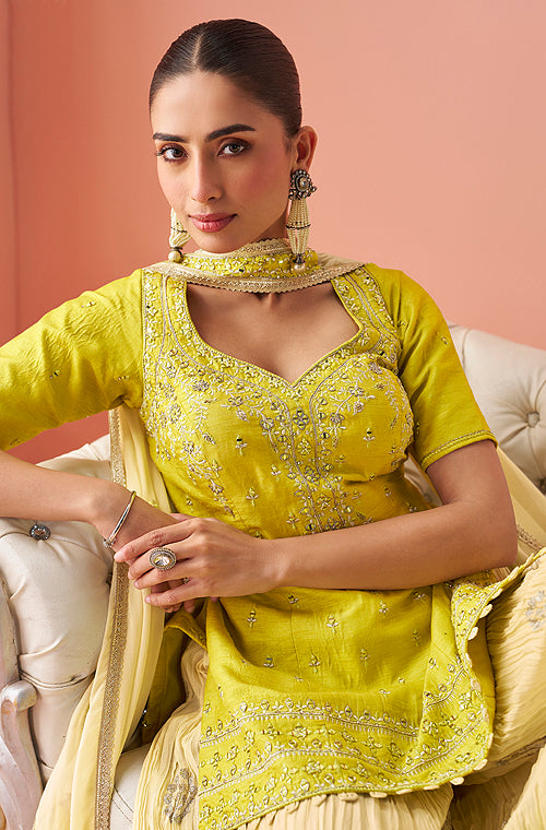 Shaded Citrus Yellow Designer Embroidered Chinon Silk Sharara Suit-Saira's Boutique
