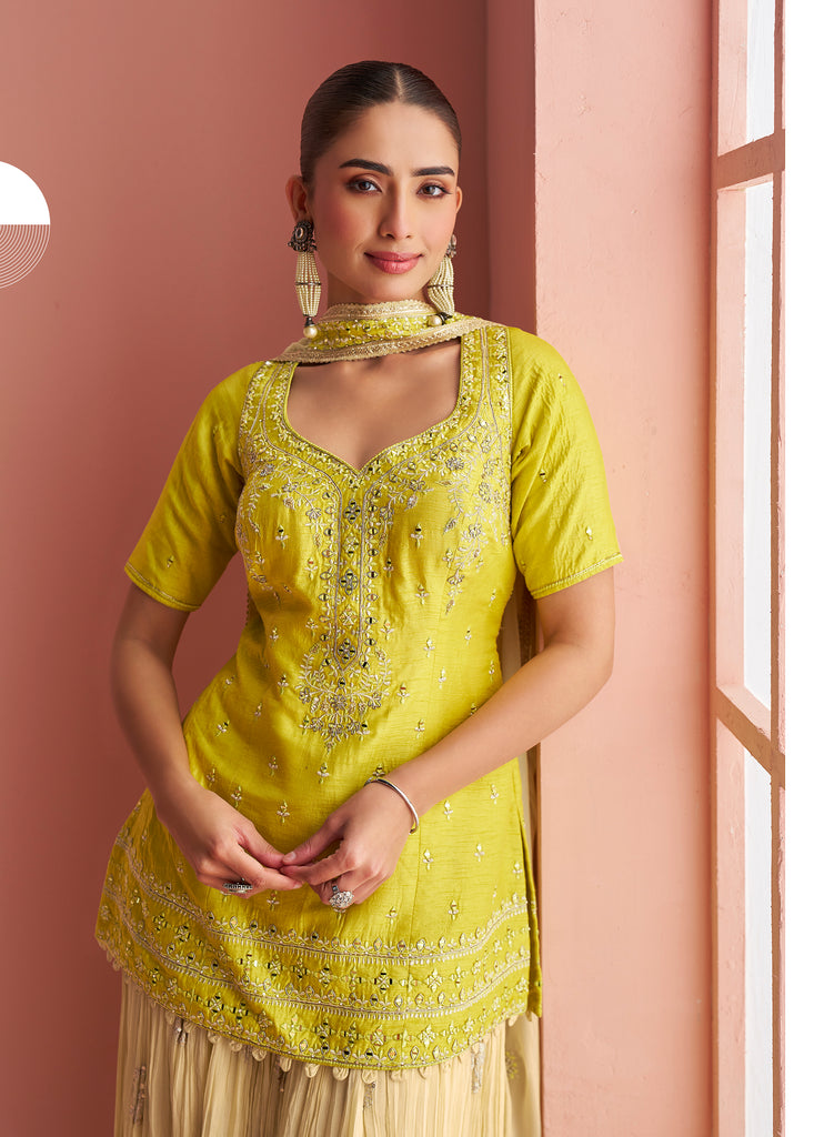 Shaded Citrus Yellow Designer Embroidered Chinon Silk Sharara Suit-Saira's Boutique