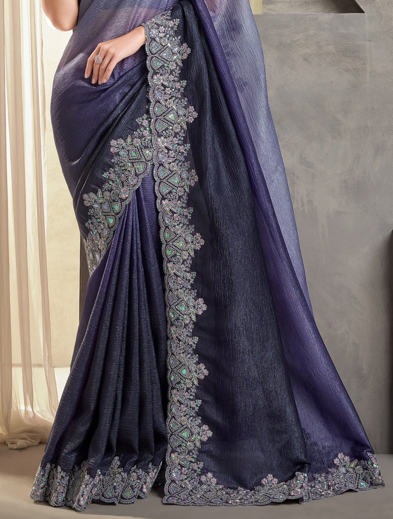 Shaded Dark Purple Designer Embroidered Crush Wedding Party Wear Saree-Saira's Boutique