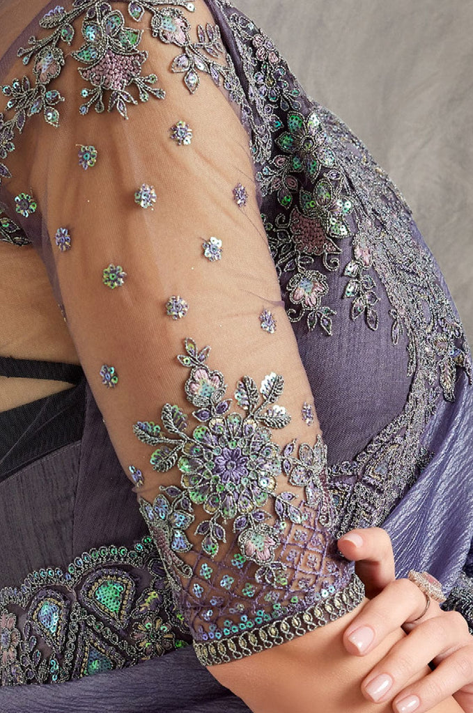 Shaded Dark Purple Designer Embroidered Crush Wedding Party Wear Saree-Saira's Boutique