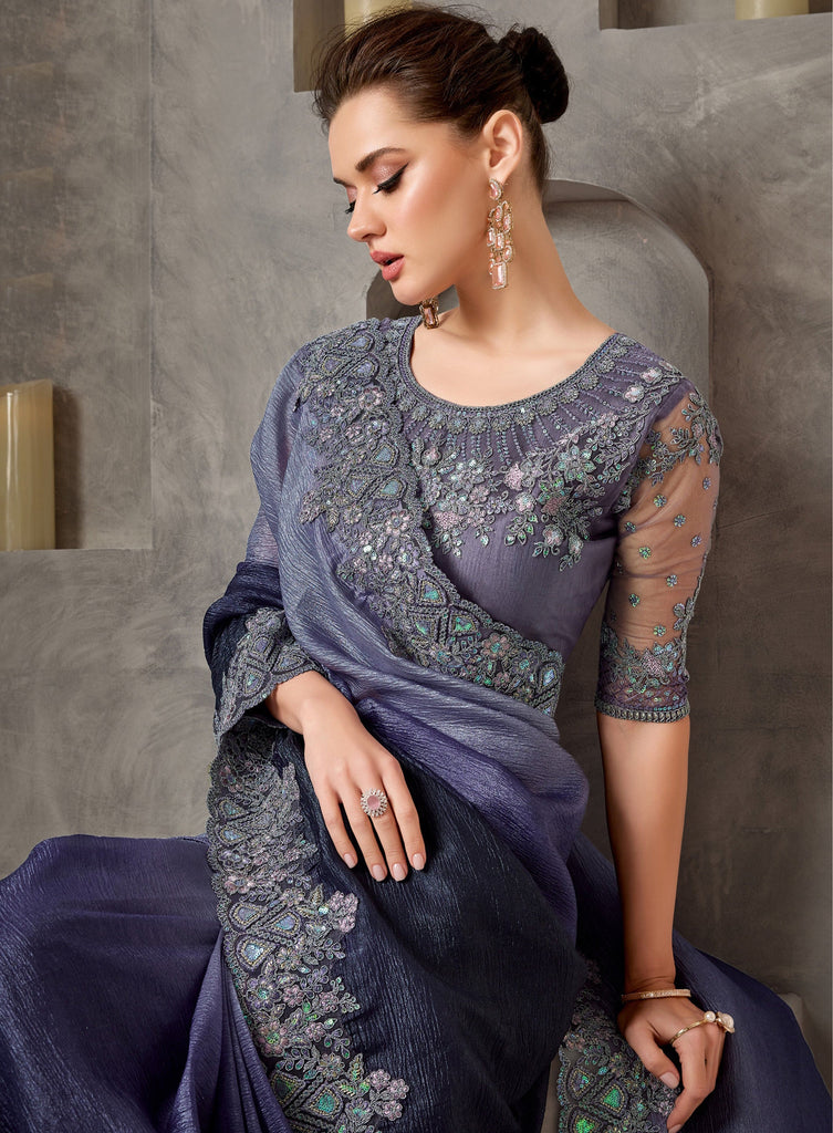 Shaded Dark Purple Designer Embroidered Crush Wedding Party Wear Saree-Saira's Boutique