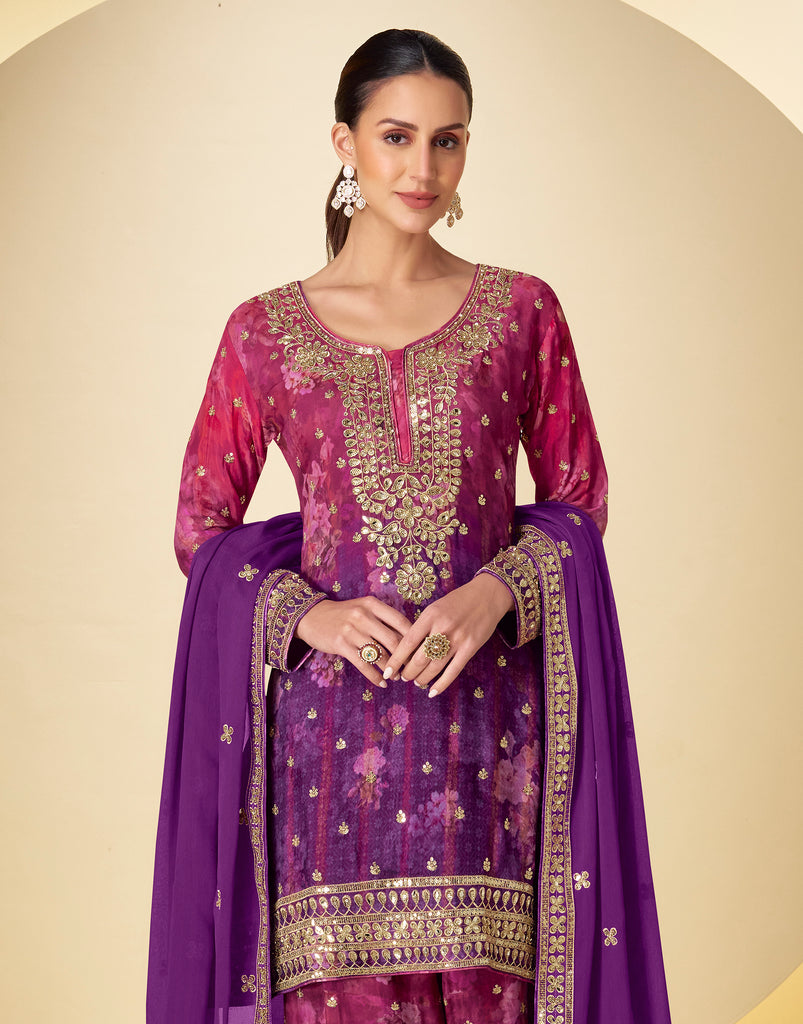 Shaded Magenta Purple Designer Embroidered Chinon Silk Sharara Suit-Saira's Boutique