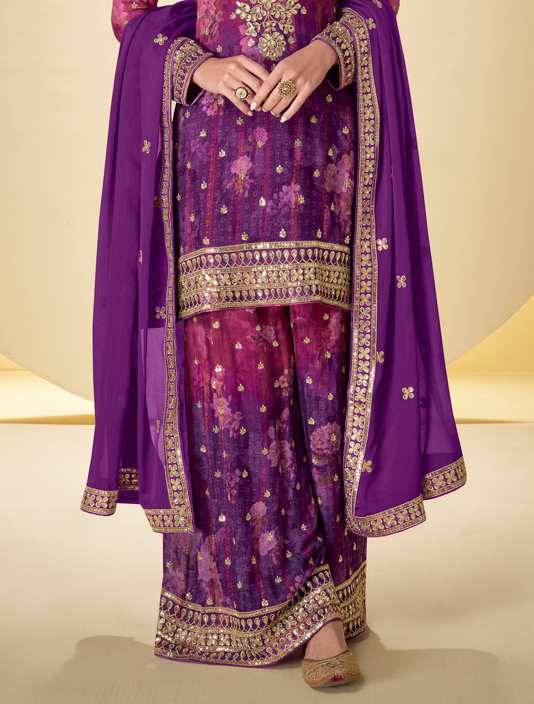 Shaded Magenta Purple Designer Embroidered Chinon Silk Sharara Suit-Saira's Boutique