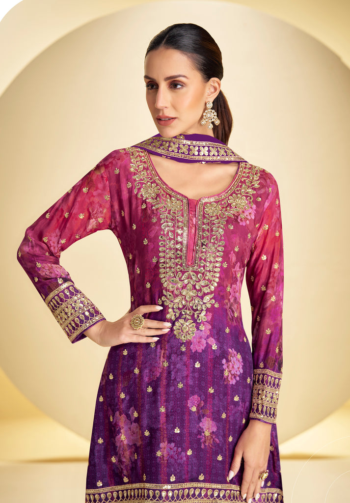 Shaded Magenta Purple Designer Embroidered Chinon Silk Sharara Suit-Saira's Boutique