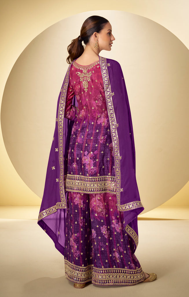 Shaded Magenta Purple Designer Embroidered Chinon Silk Sharara Suit-Saira's Boutique