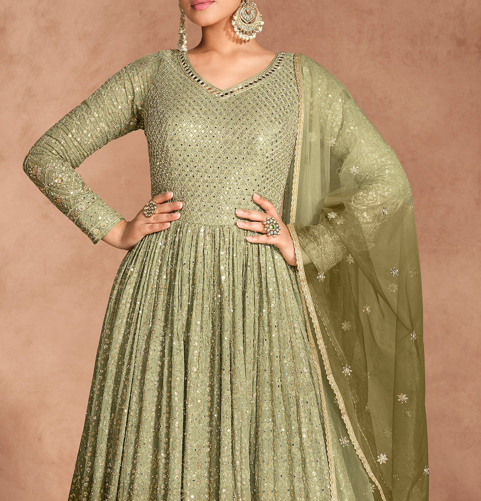 Shaded Olive Designer Heavy Embroidered Pure Georgette Wedding Anarkali Gown-Saira's Boutique