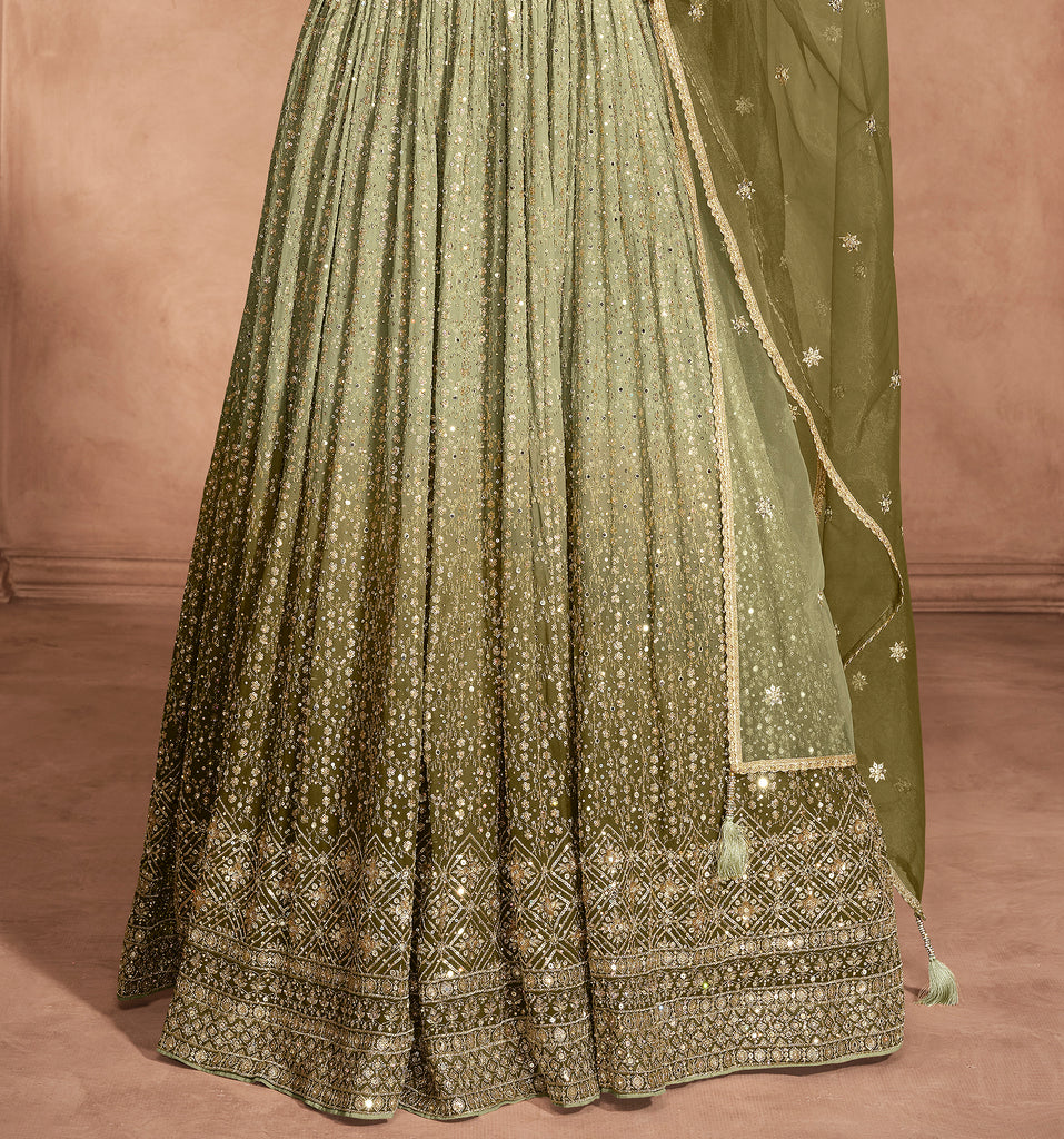 Shaded Olive Designer Heavy Embroidered Pure Georgette Wedding Anarkali Gown-Saira's Boutique