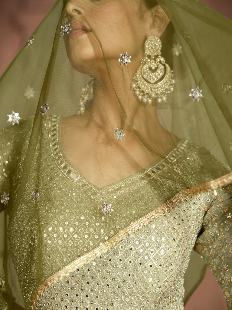 Shaded Olive Designer Heavy Embroidered Pure Georgette Wedding Anarkali Gown-Saira's Boutique