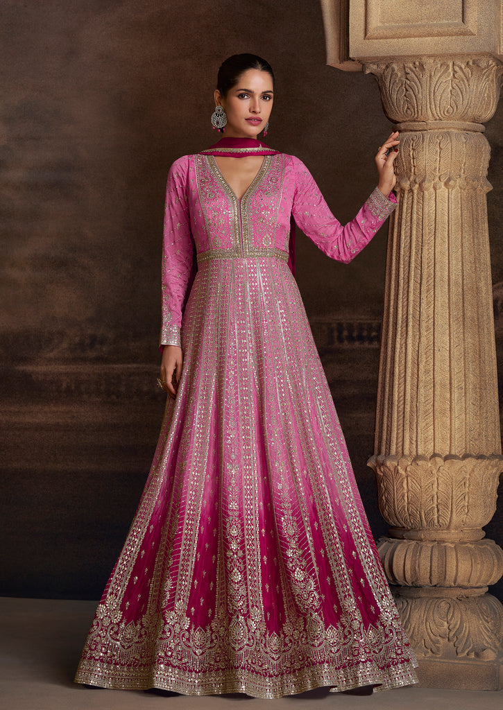 Shaded Pink Designer Heavy Embroidered Pure Georgette Wedding Anarkali Gown-Saira's Boutique