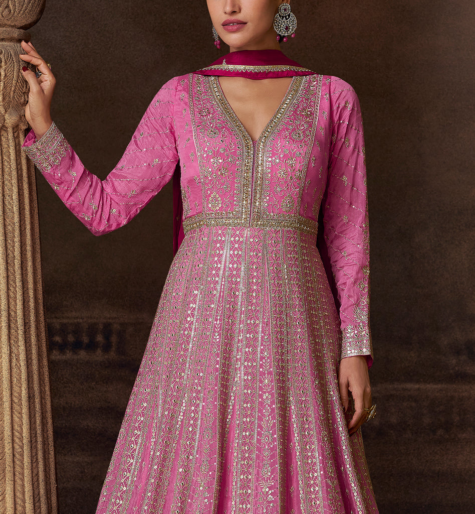 Shaded Pink Designer Heavy Embroidered Pure Georgette Wedding Anarkali Gown-Saira's Boutique