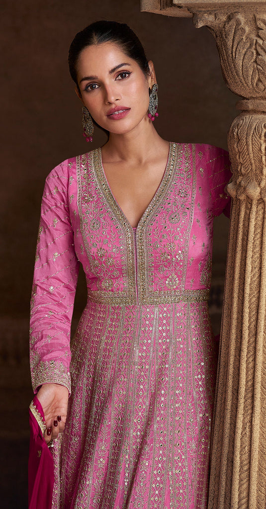 Shaded Pink Designer Heavy Embroidered Pure Georgette Wedding Anarkali Gown-Saira's Boutique