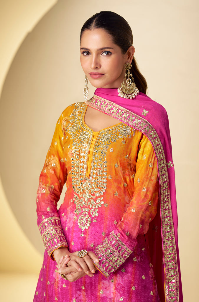 Shaded Pink Yellow Designer Embroidered Chinon Silk Sharara Suit-Saira's Boutique
