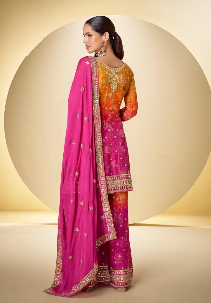 Shaded Pink Yellow Designer Embroidered Chinon Silk Sharara Suit-Saira's Boutique