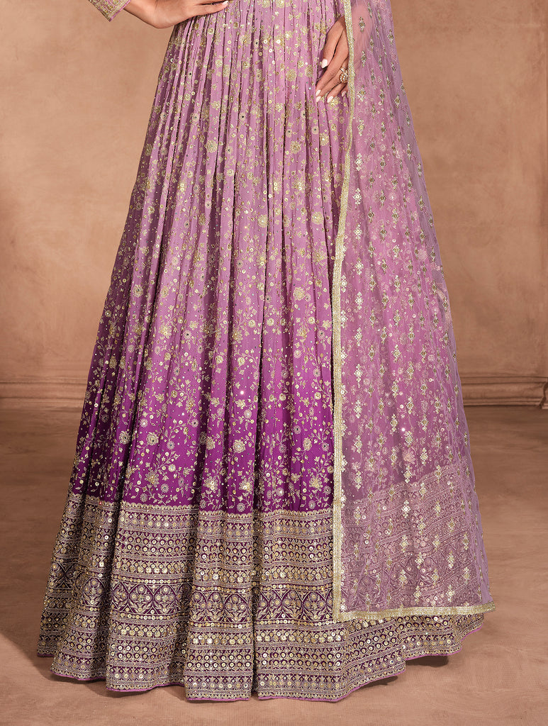 Shaded Purple Designer Heavy Embroidered Pure Georgette Wedding Anarkali Gown-Saira's Boutique
