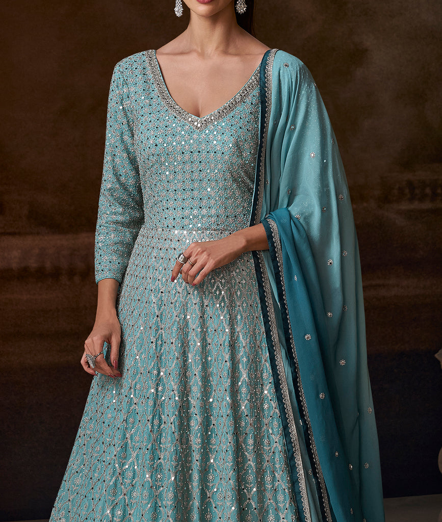 Shaded Teal Designer Heavy Embroidered Pure Georgette Wedding Anarkali Gown-Saira's Boutique