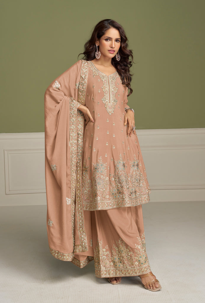 Taupe Designer Embroidered Party Wear Kurti Style Palazzo Suit-Saira's Boutique