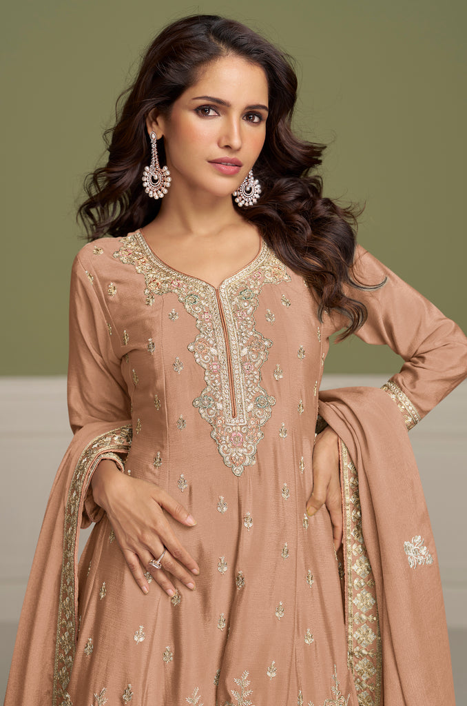 Taupe Designer Embroidered Party Wear Kurti Style Palazzo Suit-Saira's Boutique
