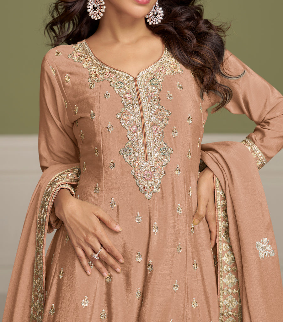 Taupe Designer Embroidered Party Wear Kurti Style Palazzo Suit-Saira's Boutique