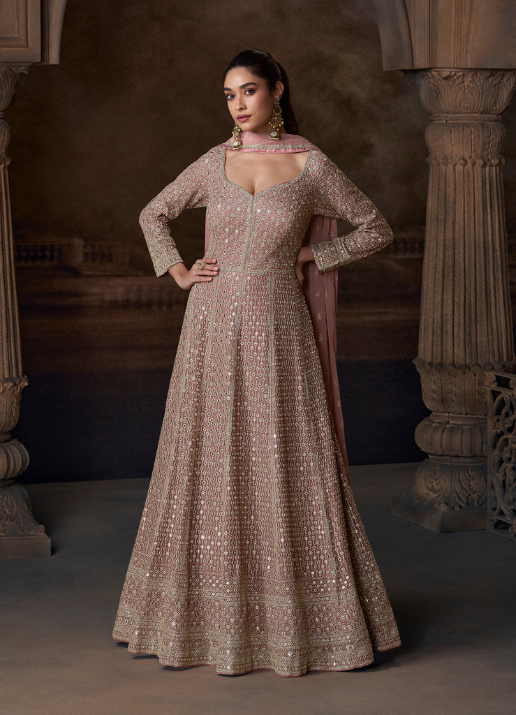 Taupe Pink Designer Heavy Embroidered Pure Georgette Wedding Anarkali Gown-Saira's Boutique