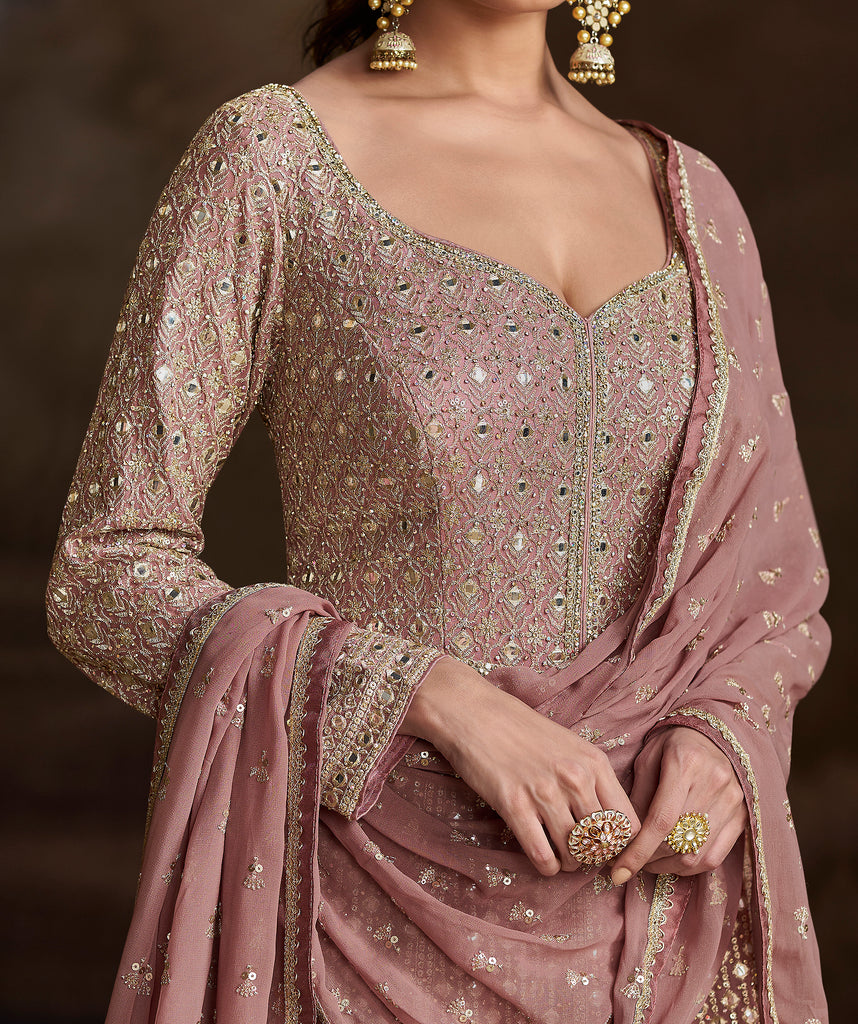 Taupe Pink Designer Heavy Embroidered Pure Georgette Wedding Anarkali Gown-Saira's Boutique