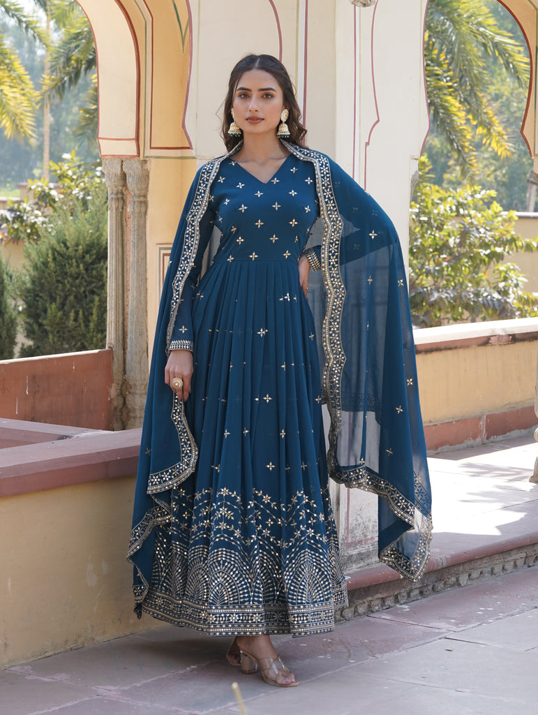 Teal Blue Designer Embroidered Faux Georgette Wedding Anarkali Suit-Saira's Boutique