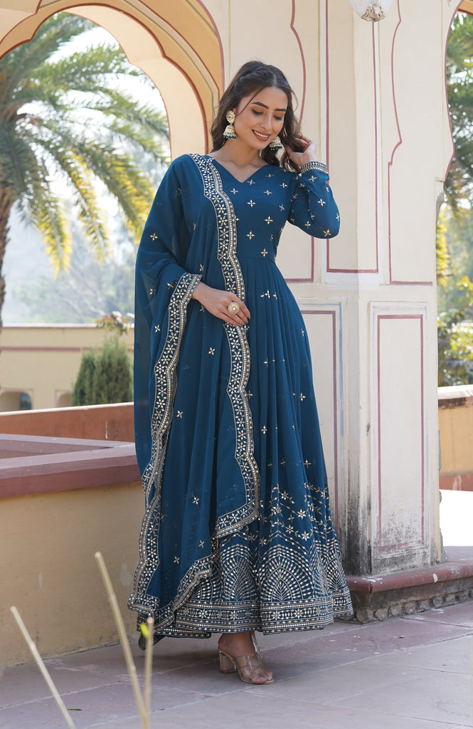 Teal Blue Designer Embroidered Faux Georgette Wedding Anarkali Suit-Saira's Boutique