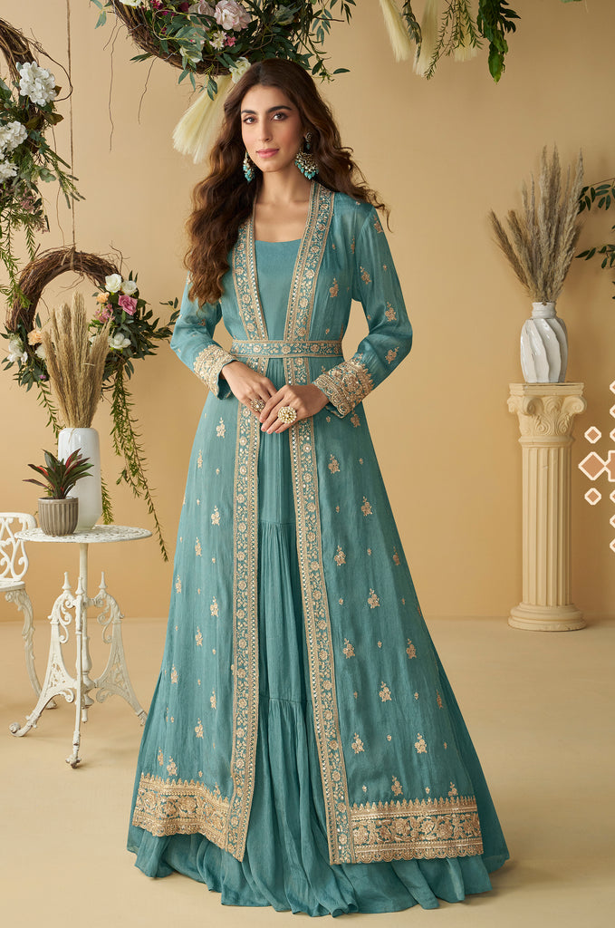 Teal Blue Designer Embroidered Party Wear Shrug Style Gown with Belt-Saira's Boutique