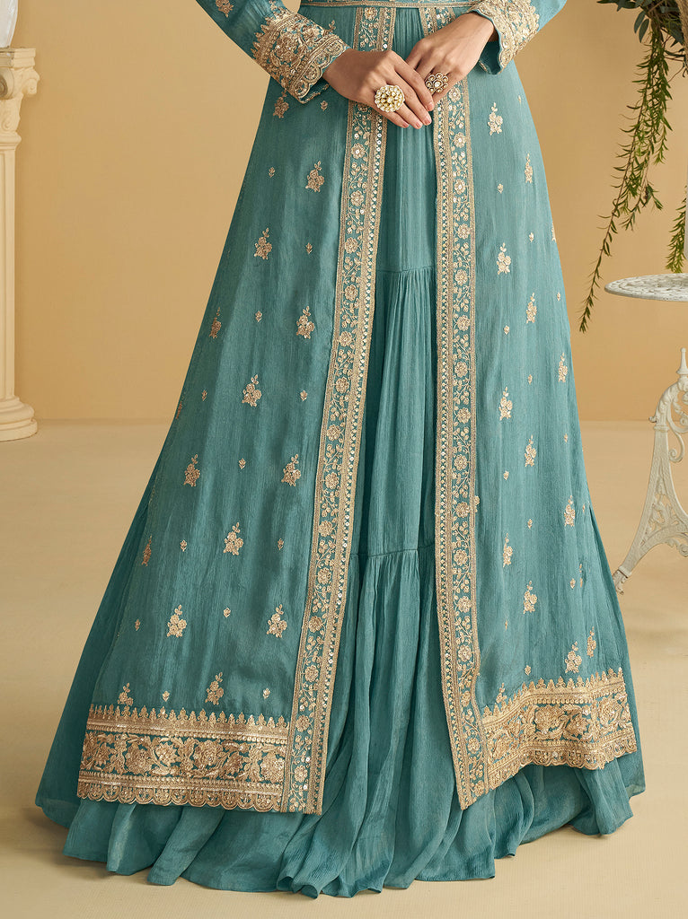 Teal Blue Designer Embroidered Party Wear Shrug Style Gown with Belt-Saira's Boutique